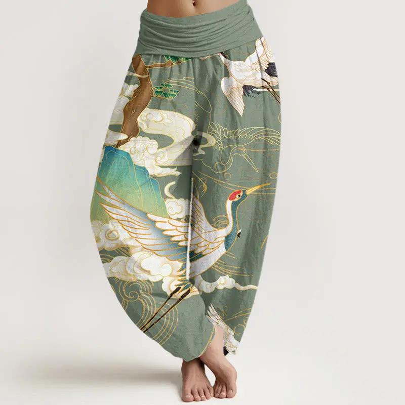 Buddha Stones Flying Cranes Auspicious Clouds Tree women's Elastic Waist Harem Pants - TARHUS
