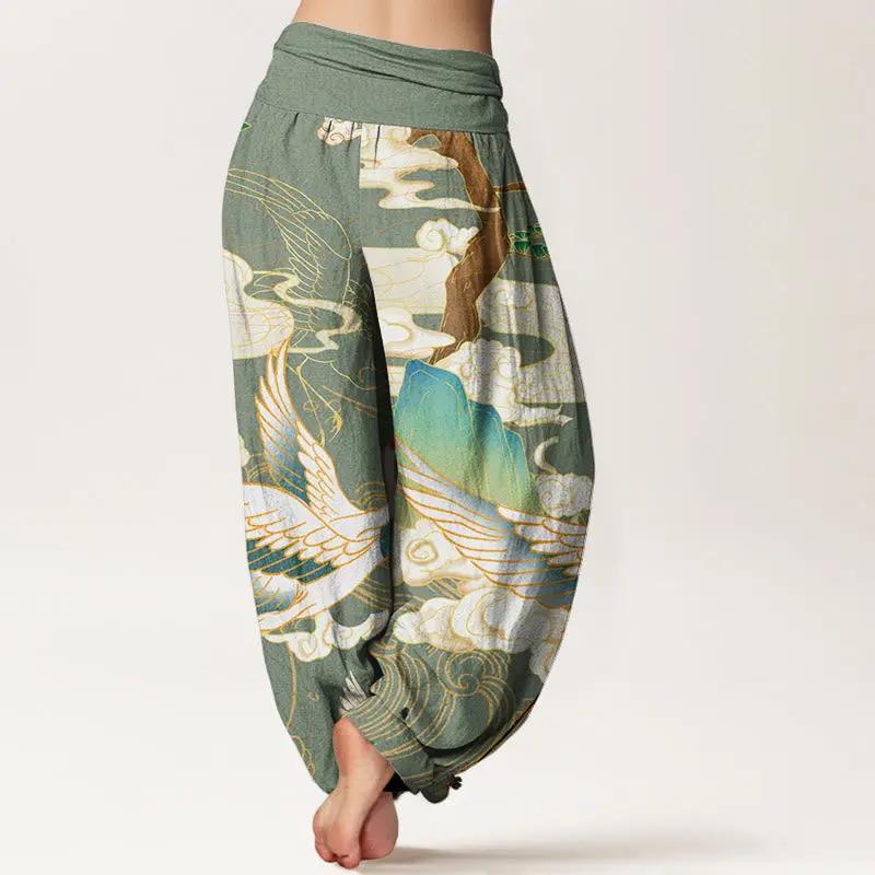 Buddha Stones Flying Cranes Auspicious Clouds Tree women's Elastic Waist Harem Pants - TARHUS