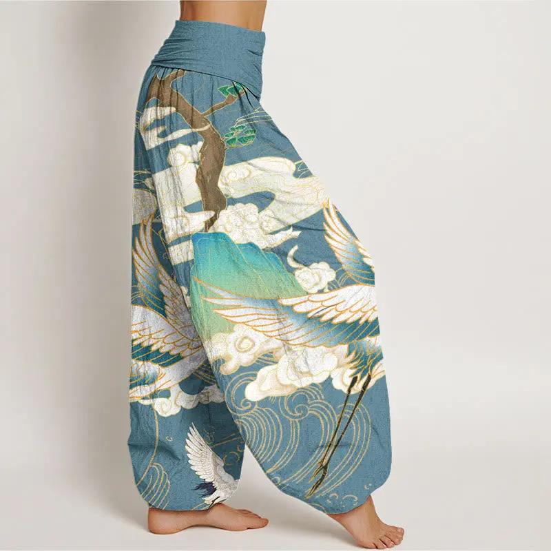 Buddha Stones Flying Cranes Auspicious Clouds Tree women's Elastic Waist Harem Pants - TARHUS