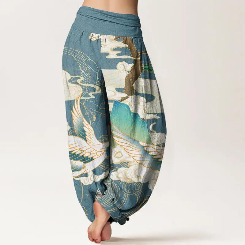 Buddha Stones Flying Cranes Auspicious Clouds Tree women's Elastic Waist Harem Pants - TARHUS