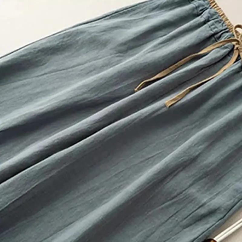 Buddha Stones Casual Solid Color Cotton Linen Drawstring Women's Pants With Pockets - TARHUS