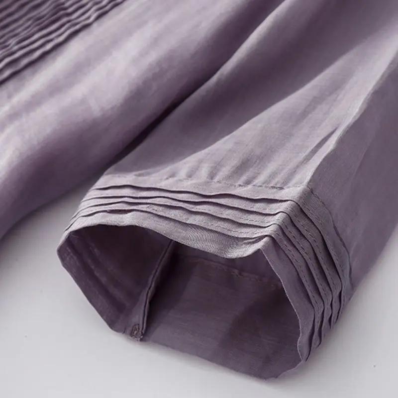 Buddha Stones Casual Accordion Pleat Plain V-neck Short Sleeve Cotton Midi Dress With Pockets - TARHUS