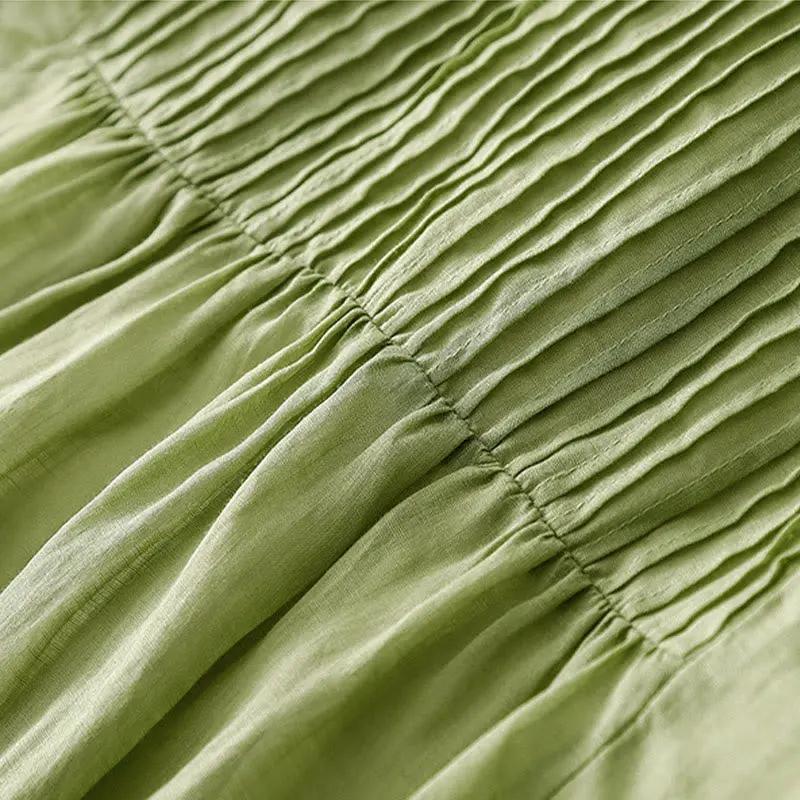 Buddha Stones Casual Accordion Pleat Plain V-neck Short Sleeve Cotton Midi Dress With Pockets - TARHUS