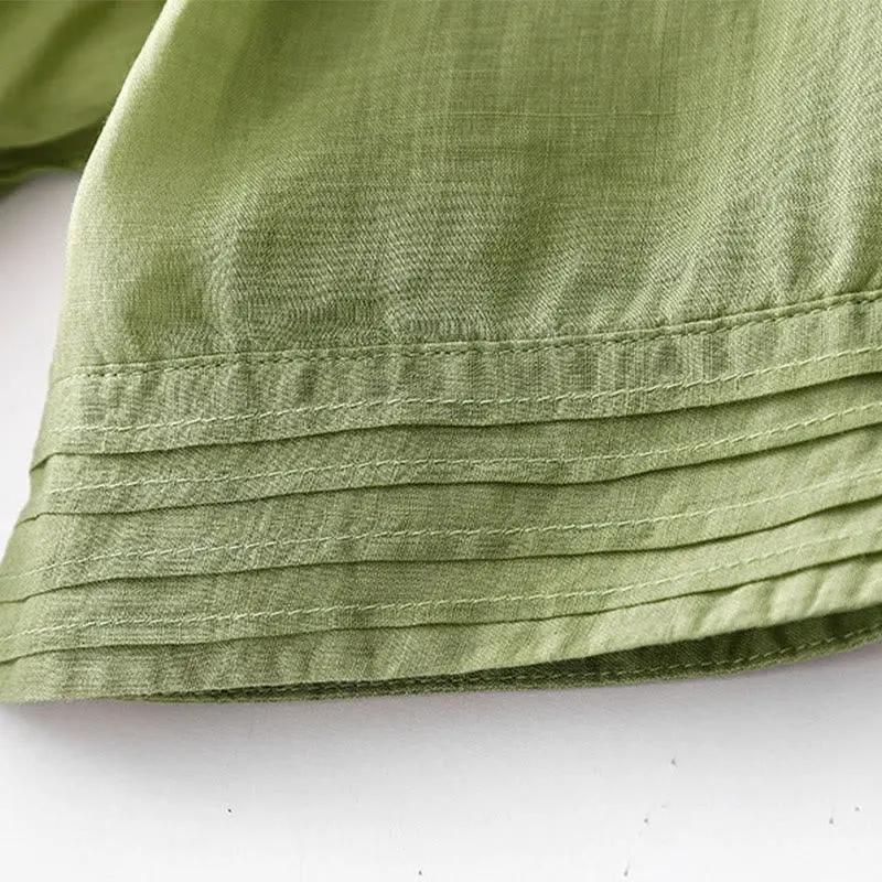 Buddha Stones Casual Accordion Pleat Plain V-neck Short Sleeve Cotton Midi Dress With Pockets - TARHUS