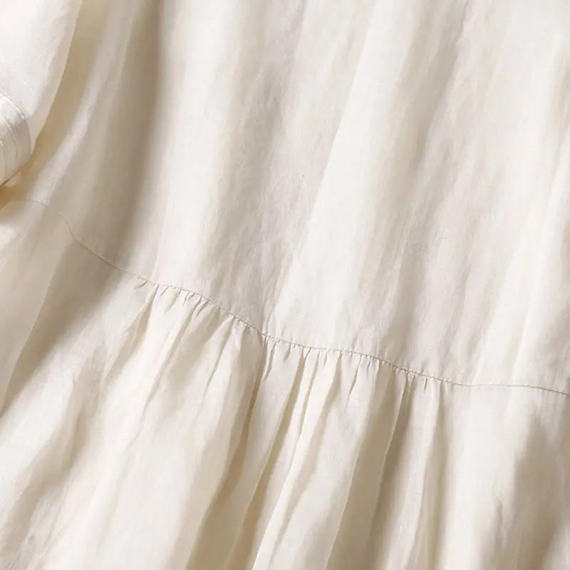 Buddha Stones Casual Accordion Pleat Plain V-neck Short Sleeve Cotton Midi Dress With Pockets - TARHUS