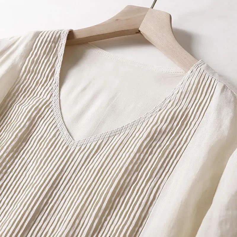 Buddha Stones Casual Accordion Pleat Plain V-neck Short Sleeve Cotton Midi Dress With Pockets - TARHUS