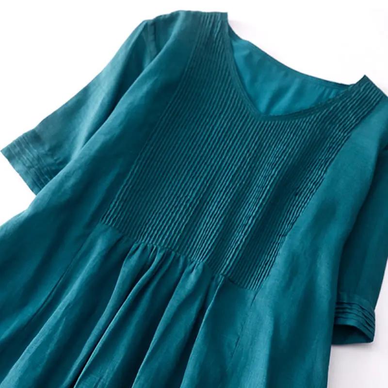 Buddha Stones Casual Accordion Pleat Plain V-neck Short Sleeve Cotton Midi Dress With Pockets - TARHUS