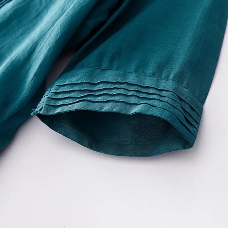 Buddha Stones Casual Accordion Pleat Plain V-neck Short Sleeve Cotton Midi Dress With Pockets - TARHUS