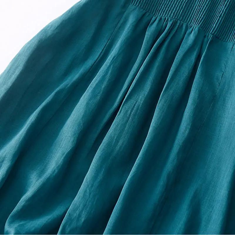 Buddha Stones Casual Accordion Pleat Plain V-neck Short Sleeve Cotton Midi Dress With Pockets - TARHUS