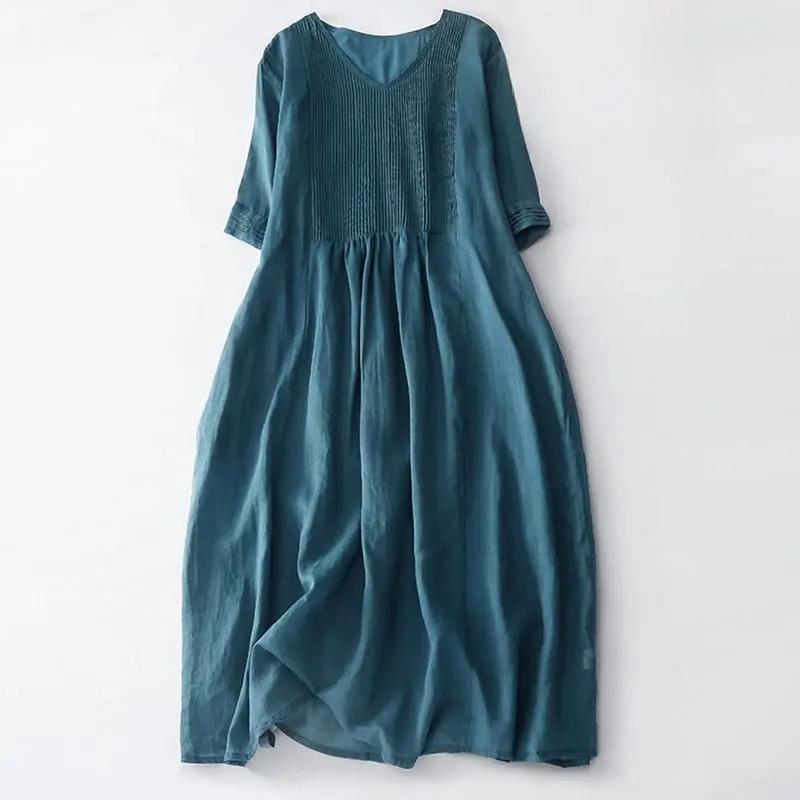 Buddha Stones Casual Accordion Pleat Plain V-neck Short Sleeve Cotton Midi Dress With Pockets - TARHUS