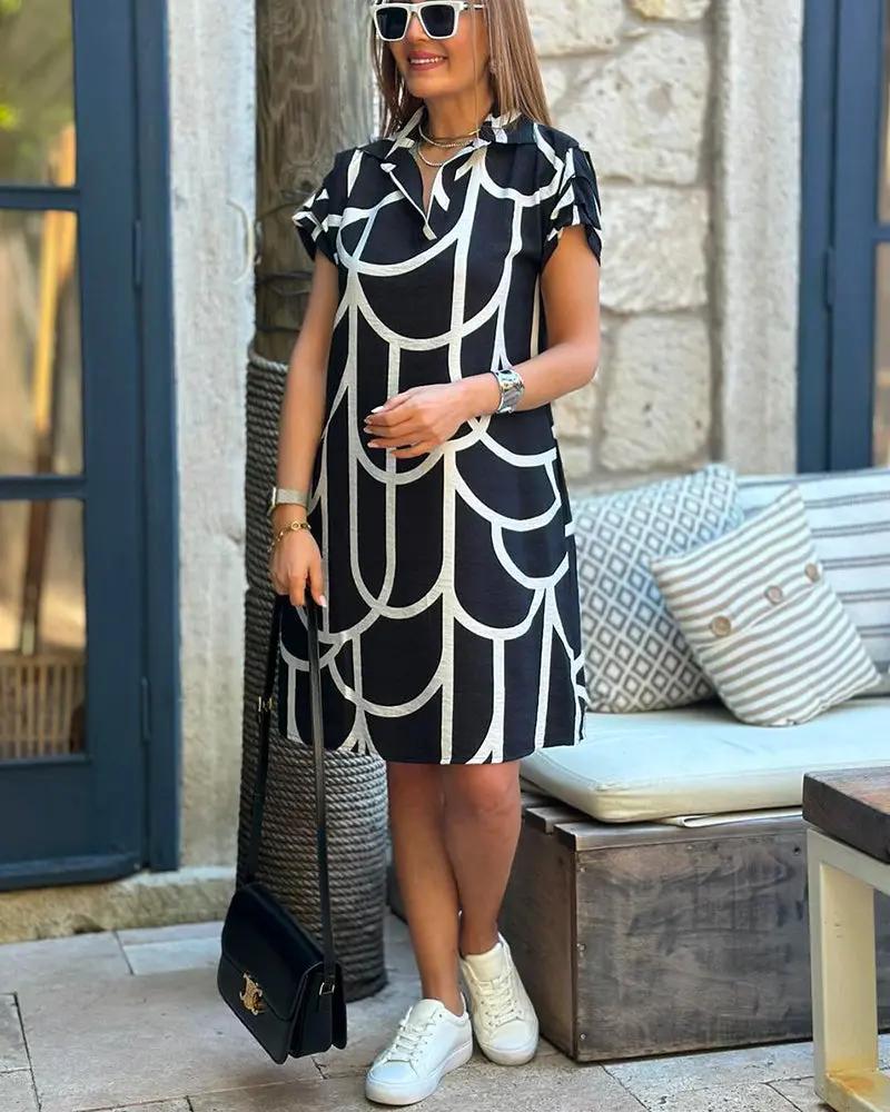 Chic Printed Midi Shirt Dress – Collared Short Sleeve Summer Dress - TARHUS