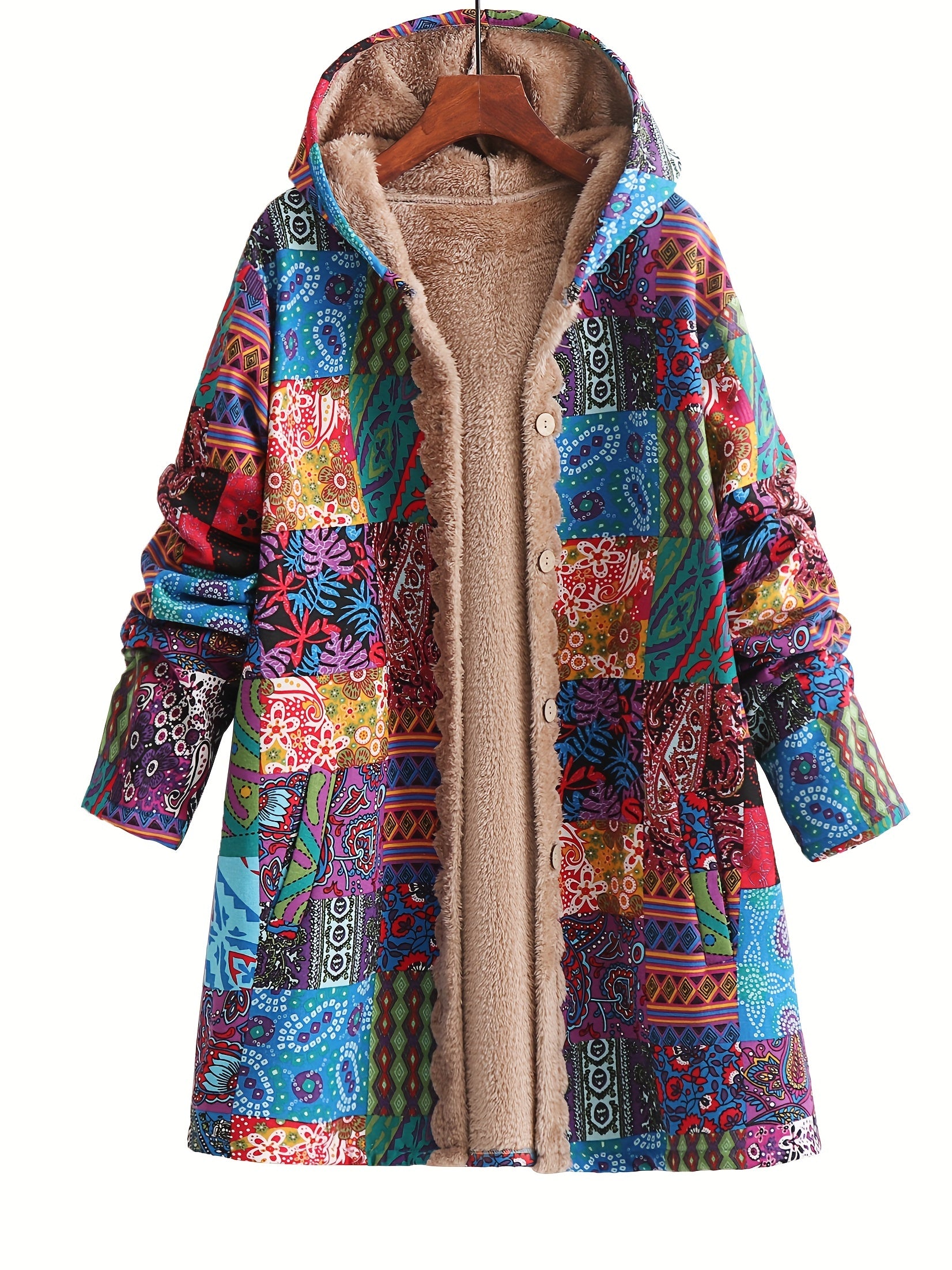 Colorful Paisley Floral Fleece-Lined Hooded Coat for Women | Cozy Boho Outerwear - TARHUS