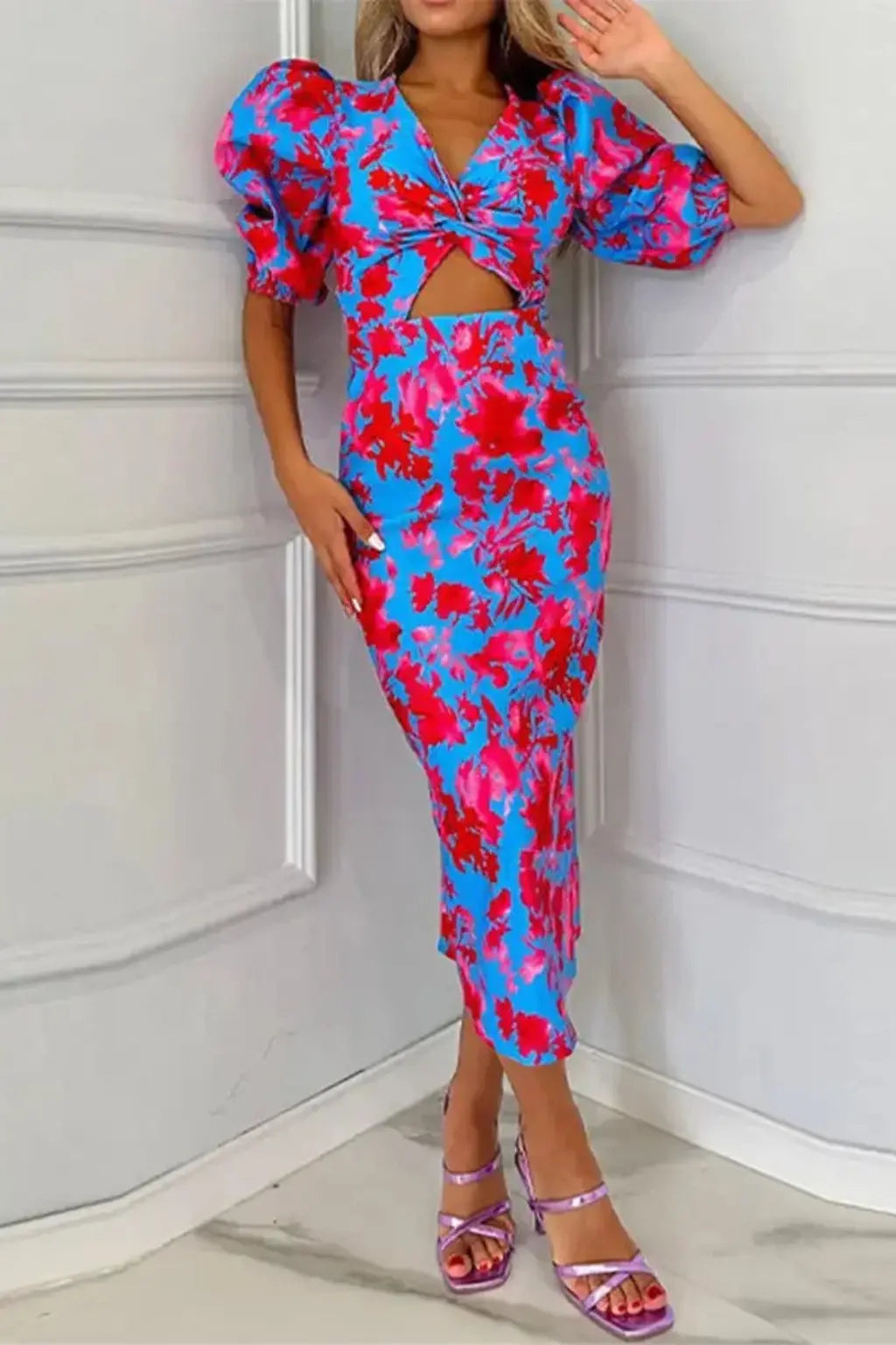 Sophia | Women Printed Puff Sleeve Occasion Summer Midi Dress TARHUS