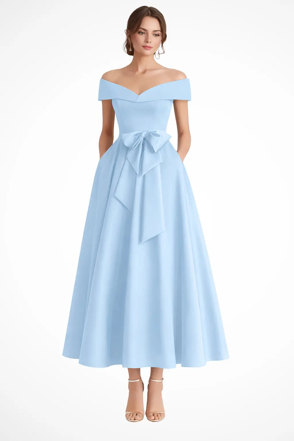 Arabella | Women Off Shoulder Bow Waist A Line Midi Wedding Guest Dress TARHUS Mother of the Bride Dresses
