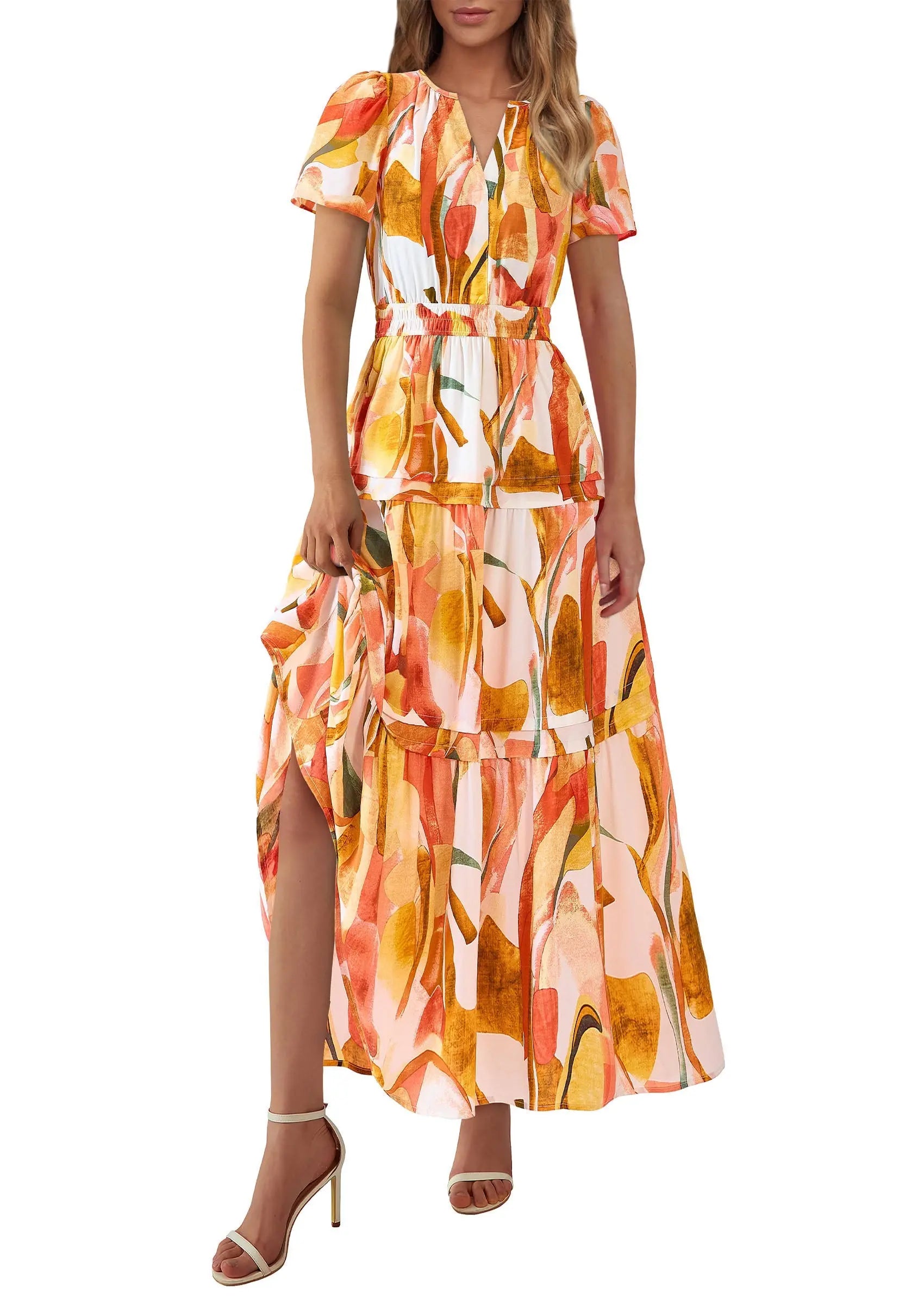 Boho Floral Short Sleeve V Neck A Line Tiered Ruffle Flowy Long Beach Vacation Maxi Dresses - TARHUS