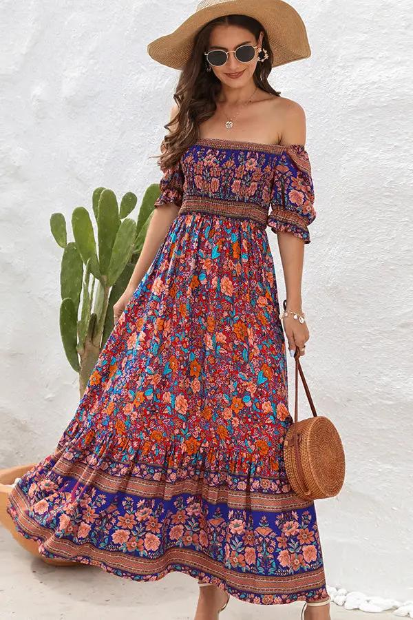 Bohemia Printed Smocked Short Sleeve Maxi Dress - TARHUS