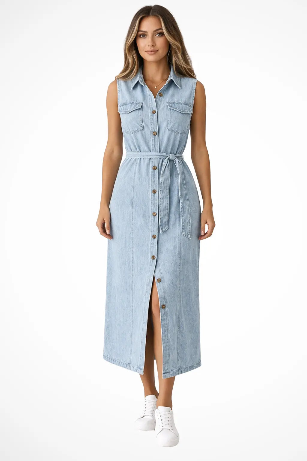 Lottie | Women Sleeveless Belted Button Down Denim Maxi Dress with Split TARHUS