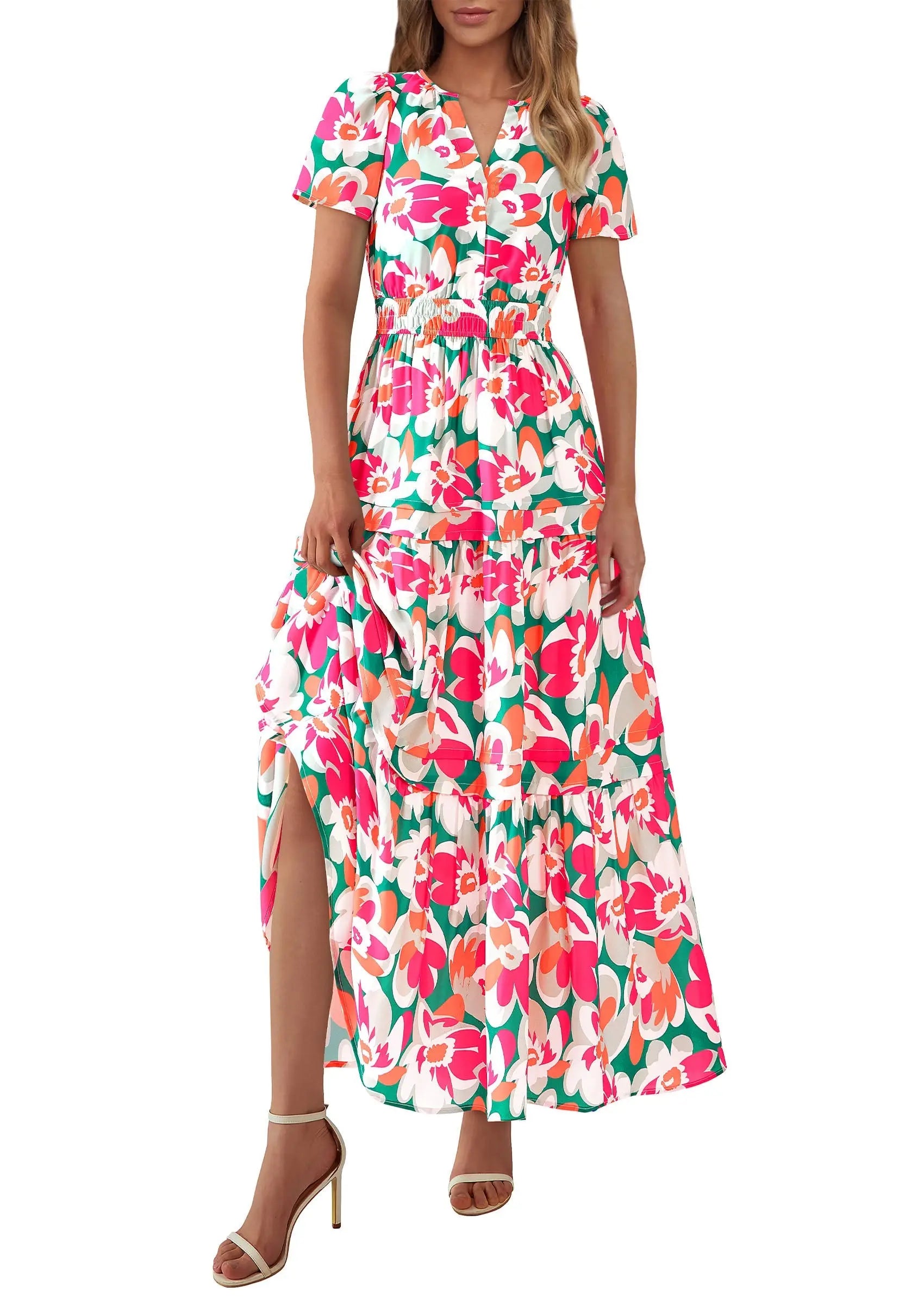 Boho Floral Short Sleeve V Neck A Line Tiered Ruffle Flowy Long Beach Vacation Maxi Dresses - TARHUS