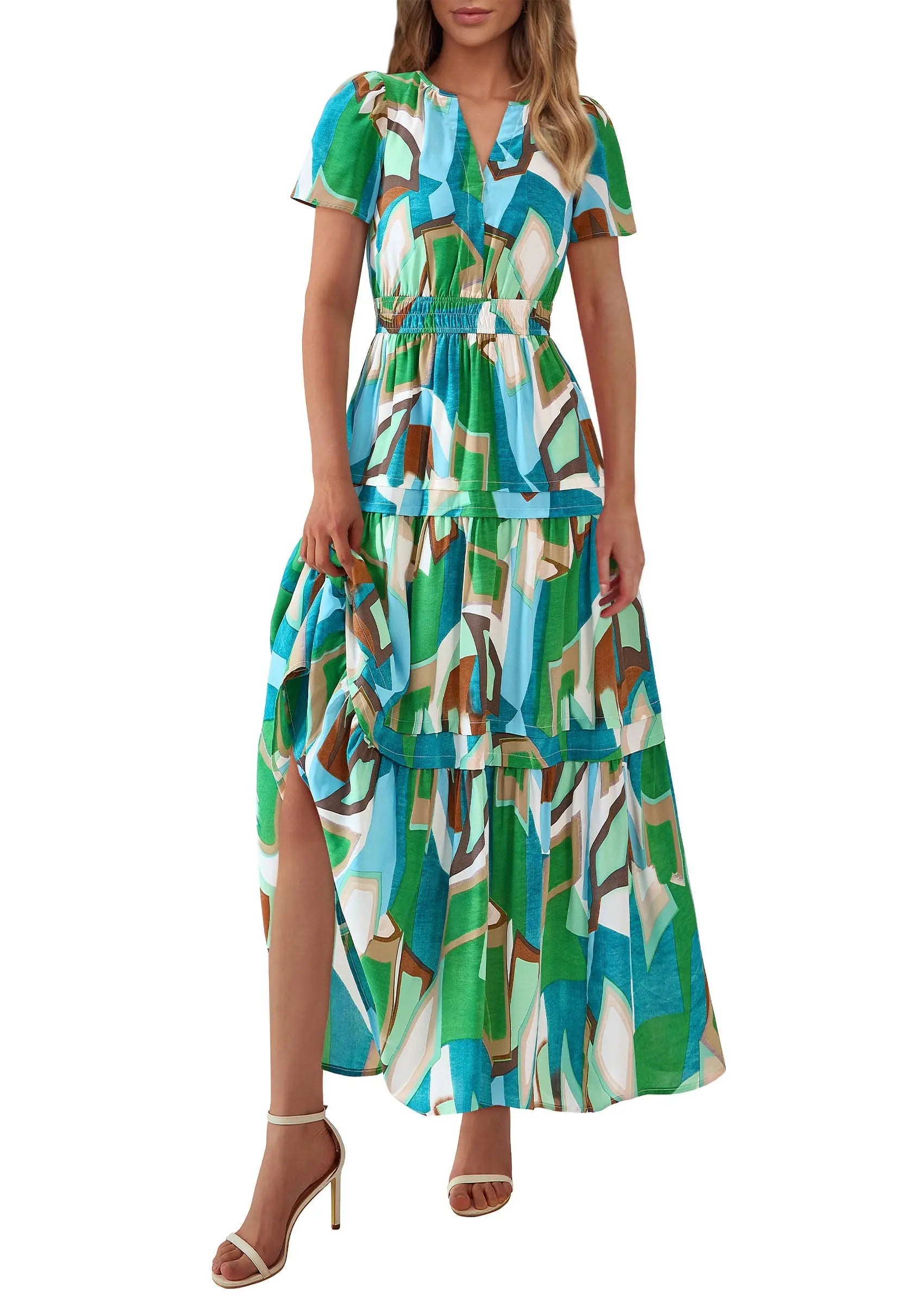 Boho Floral Short Sleeve V Neck A Line Tiered Ruffle Flowy Long Beach Vacation Maxi Dresses - TARHUS