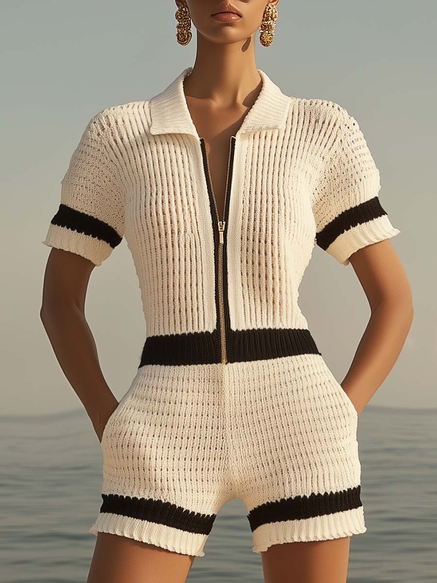 Breathable Fashion Front Zipper Short Sleeve Knit Shorts Jumpsuit - TARHUS