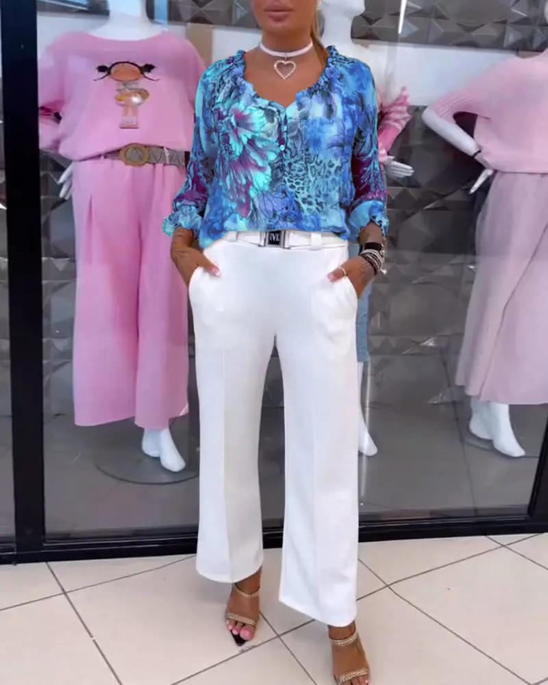 Selina | Floral Print V-Neck Blouse – Long Sleeve Cotton Blend Shirt Top for Women TARHUS Blouses & Shirts