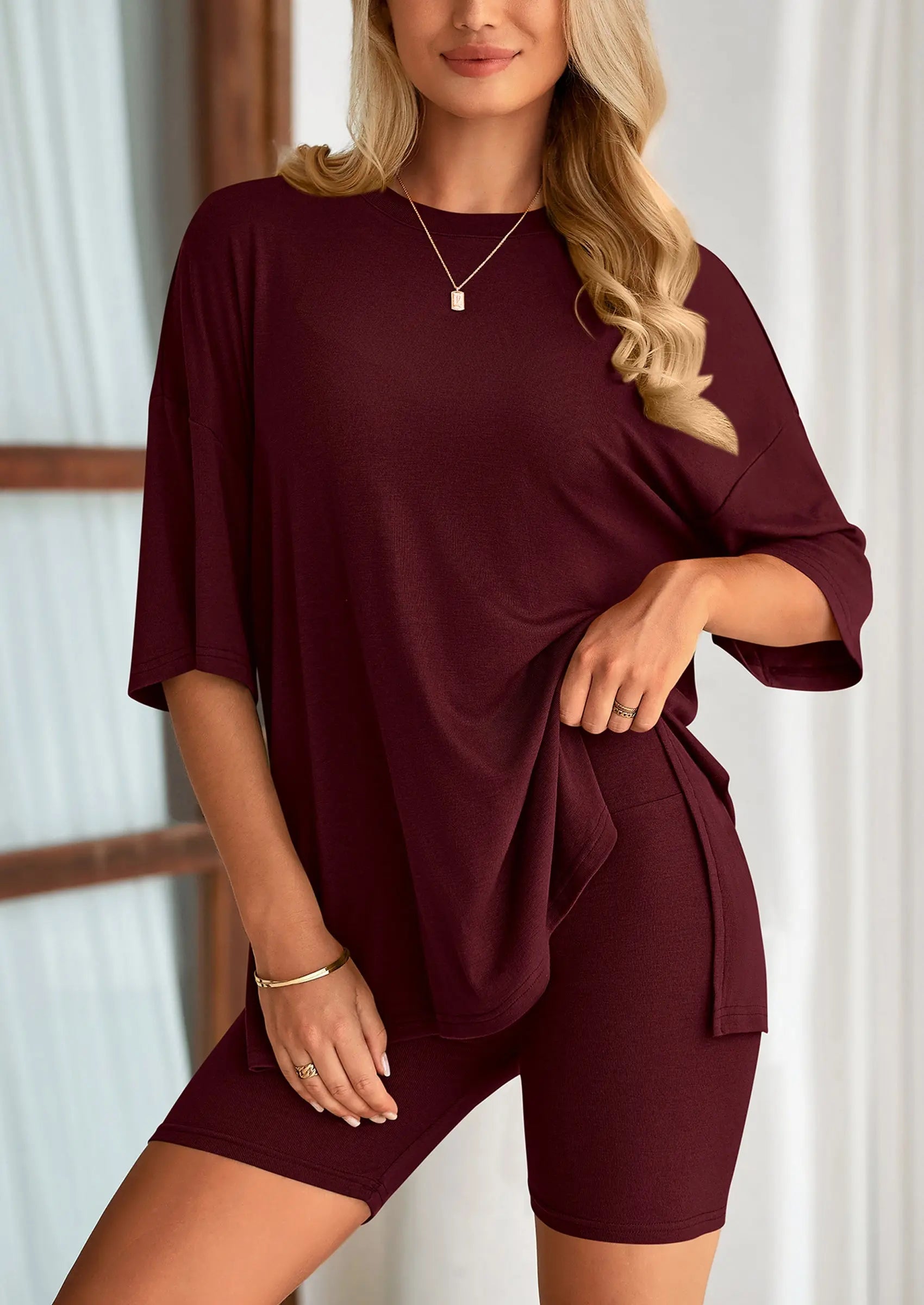 Casual Short Sleeved Round Neck Top Paired With Shorts Two-Piece Set - TARHUS