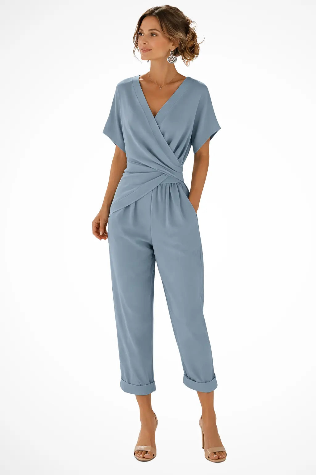Celeste | Women Wrap Front Short Sleeve Cropped Jumpsuit with Pockets TARHUS Kleider & Jumpsuits