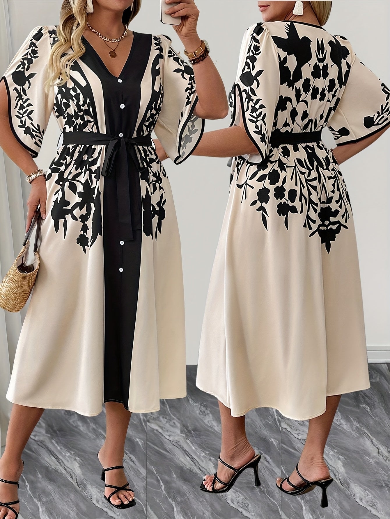 Floral Resort Dress for Women – Chic Summer Midi Dress with Tie-Belt Waist, Lightweight Vacation Outfit - TARHUS