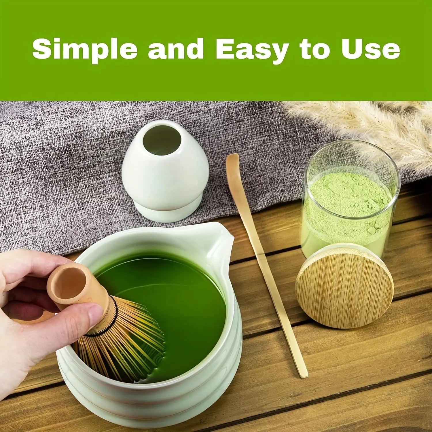 5pc Matcha Set – Ceramic Bowl, Bamboo Whisk, Gold Scoop & Sieve - TARHUS