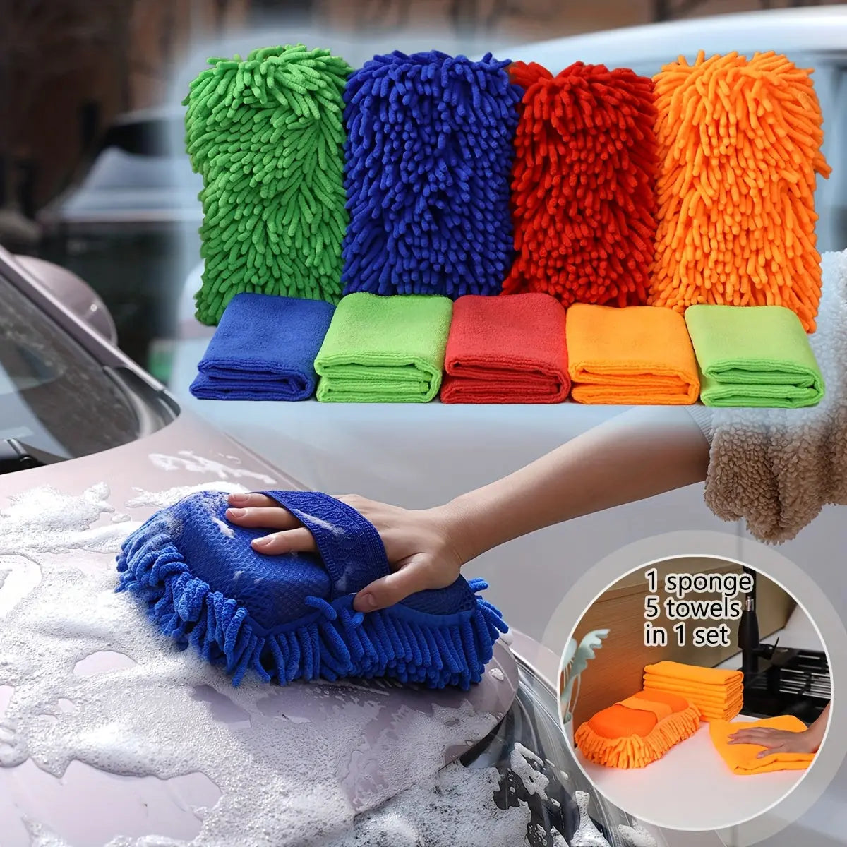 6-Piece Microfiber Car Wash Sponge & Towel Set – Super Absorbent, Scratch-Free Cleaning Kit for Auto, Home & Kitchen Use - TARHUS