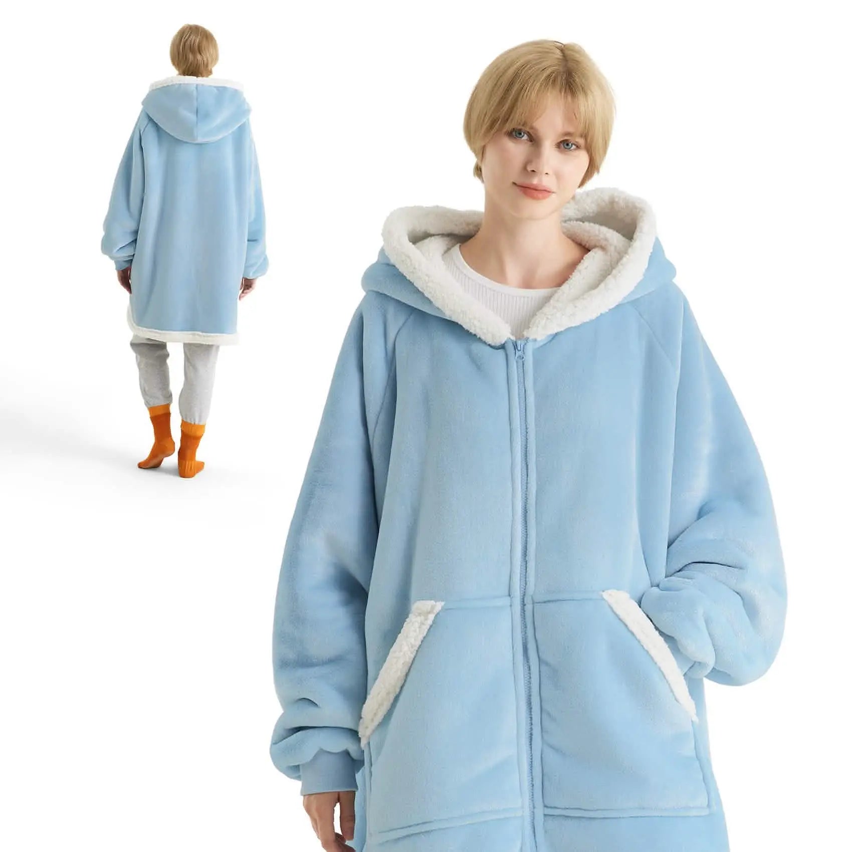 Sherpa Fleece Zippered Short Wearable Blanket Hoodie - TARHUS