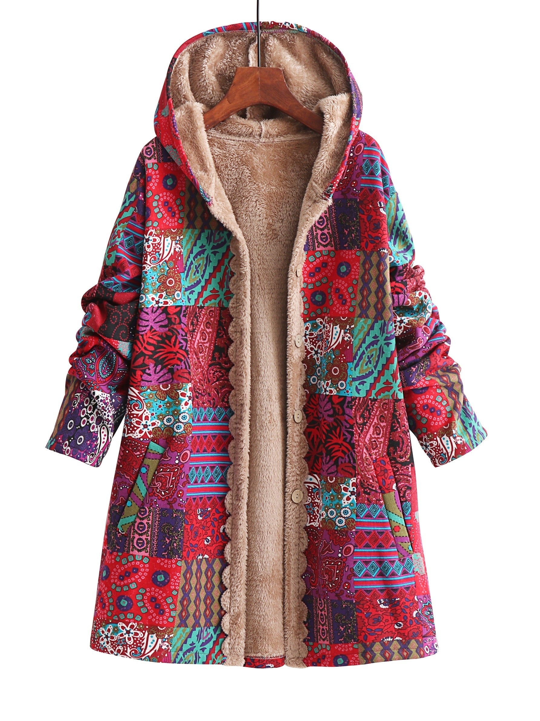 Colorful Paisley Floral Fleece-Lined Hooded Coat for Women | Cozy Boho Outerwear - TARHUS