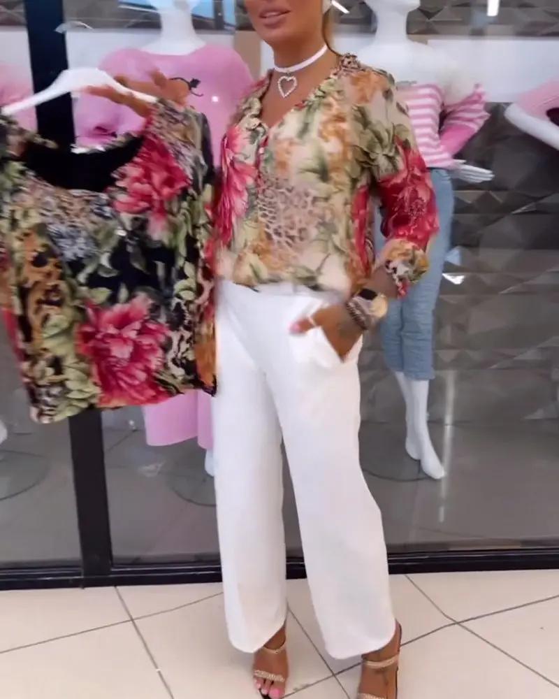 Selina | Floral Print V-Neck Blouse – Long Sleeve Cotton Blend Shirt Top for Women TARHUS Blouses & Shirts