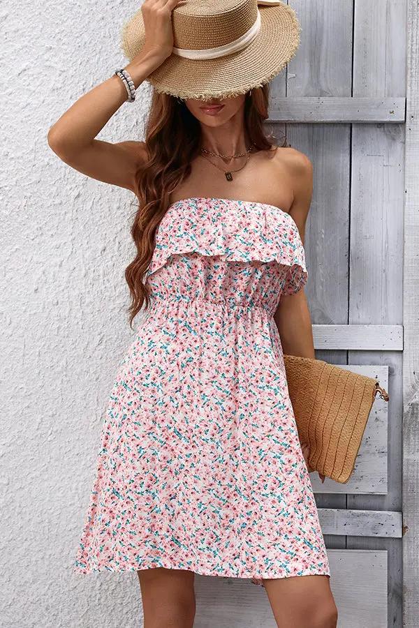 Fahsion Floral Bandeau Ruffle Casual Dress - TARHUS