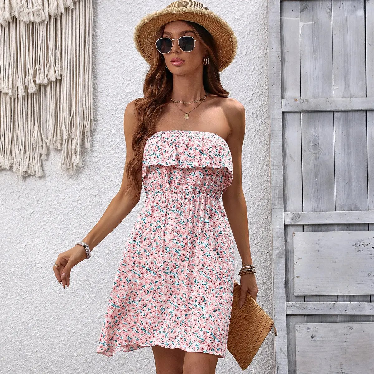 Fahsion Floral Bandeau Ruffle Casual Dress - TARHUS