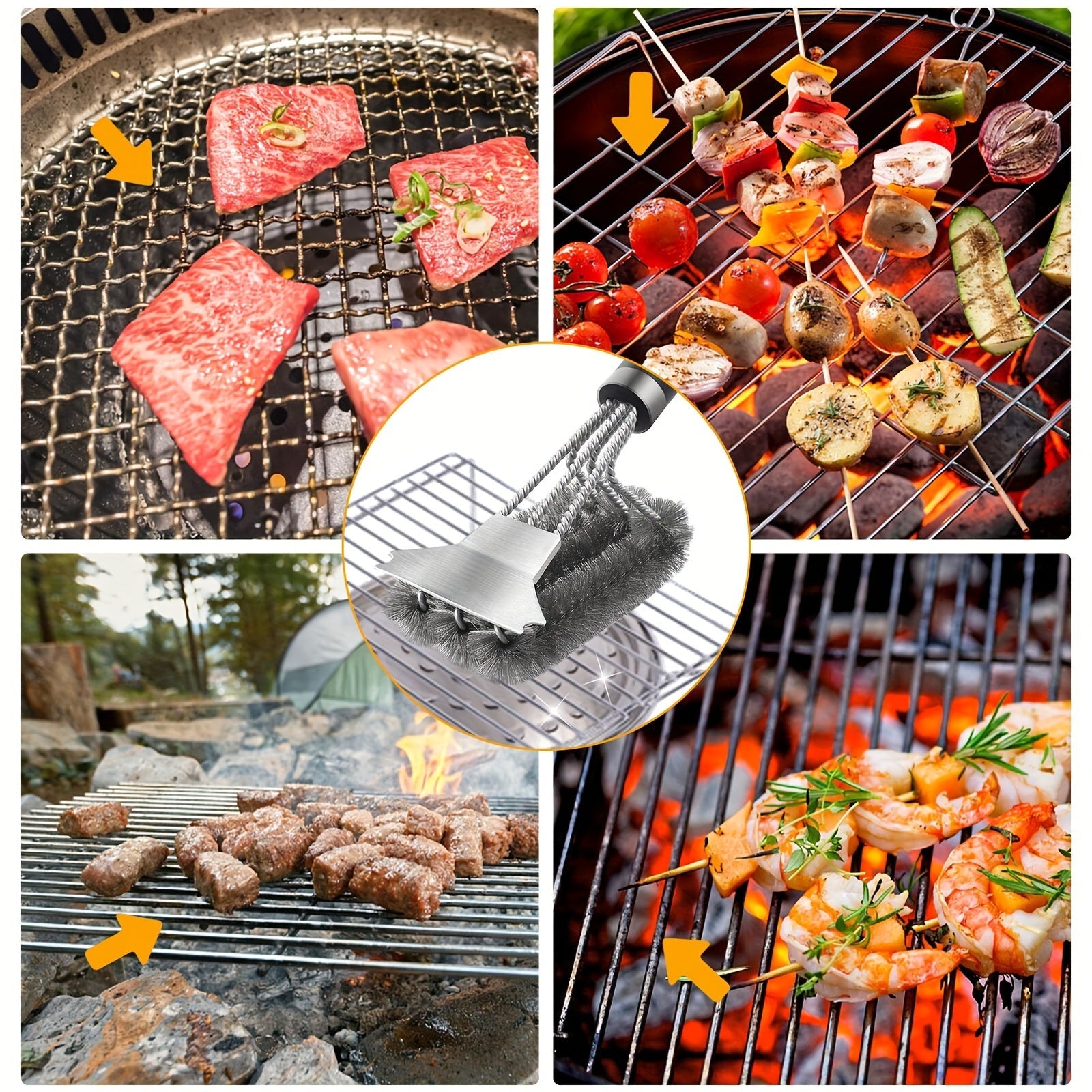 IronFlame | BBQ Grill Brush with Scraper – Barbie Long Handle Triple Scrubber TARHUS Kitchen Accessories