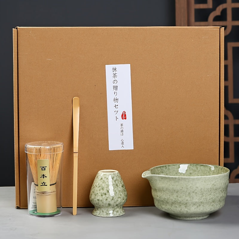 4pc Ceramic Matcha Set – Green Glaze Bowl, Whisk & Scoop