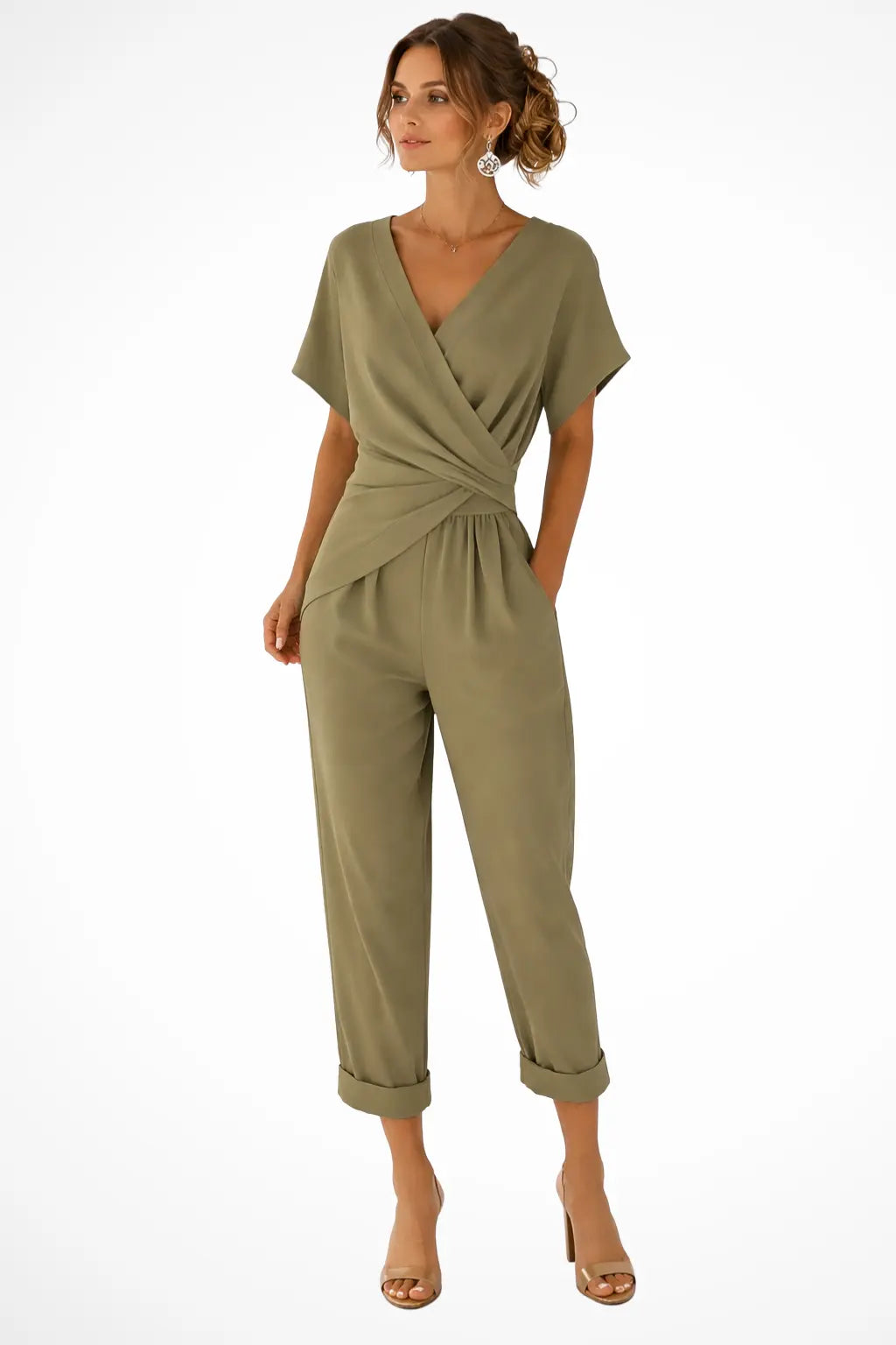 Celeste | Women Wrap Front Short Sleeve Cropped Jumpsuit with Pockets TARHUS Kleider & Jumpsuits