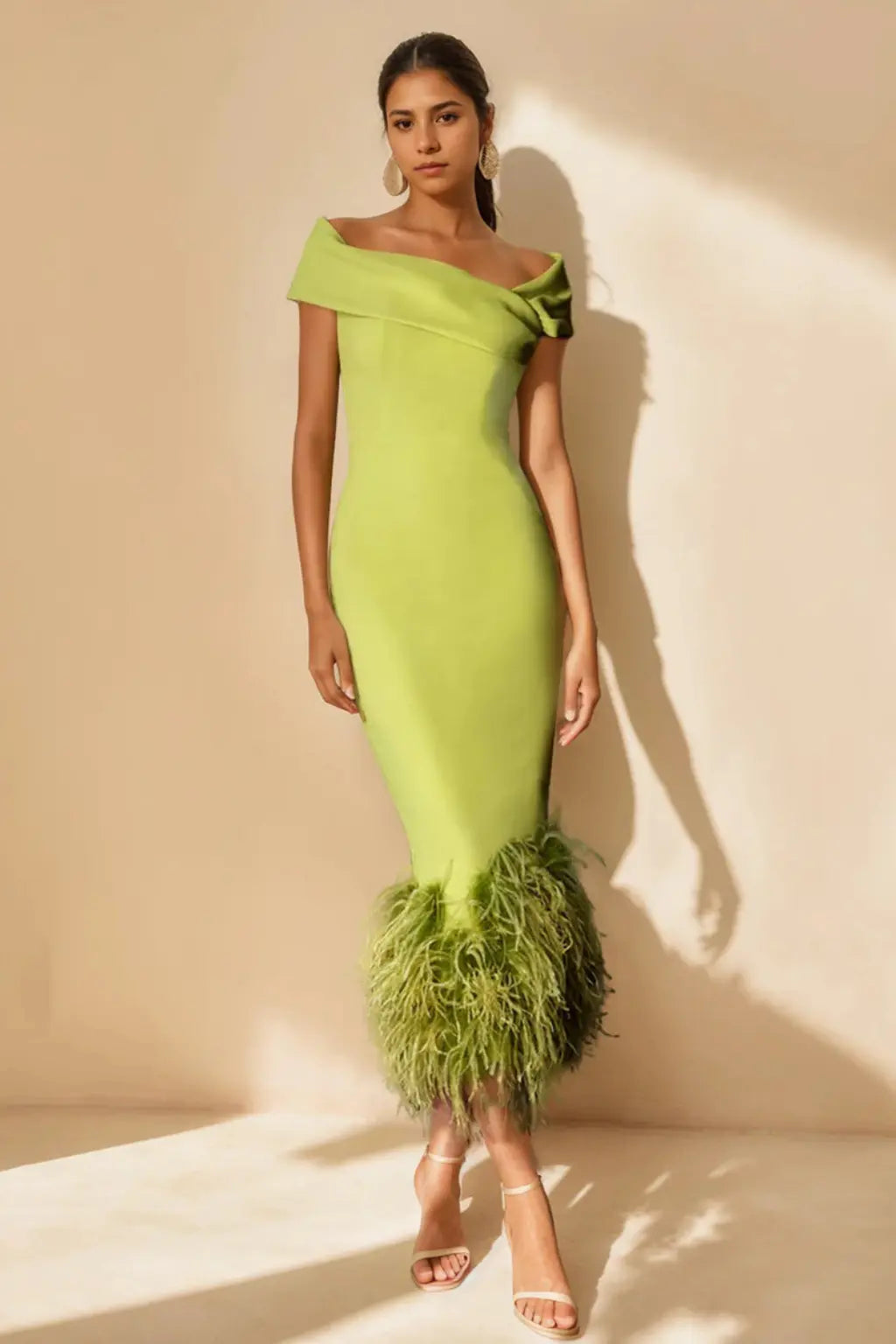 Verity | Women Off Shoulder Fitted Feather Hem Midi Wedding Guest Dress TARHUS Mother of the Bride Dresses
