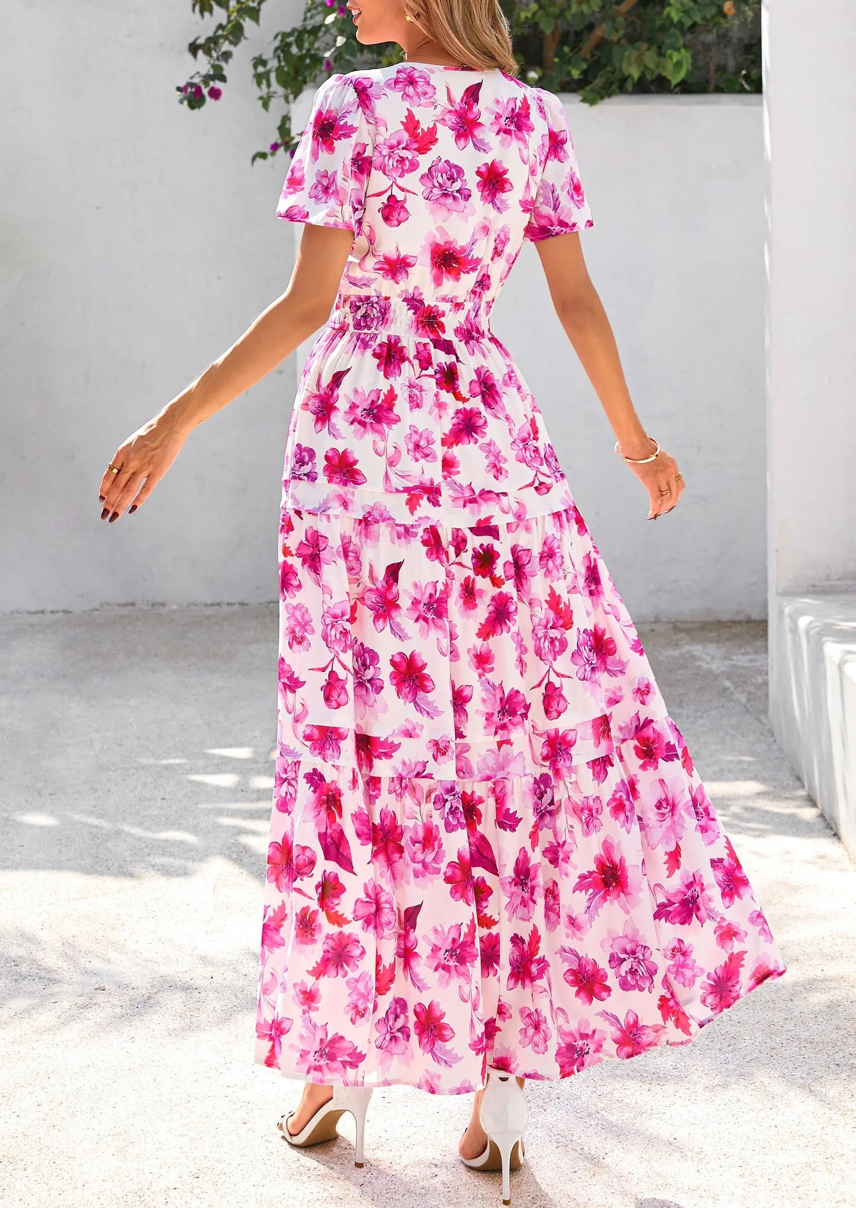 Boho Floral Short Sleeve V Neck A Line Tiered Ruffle Flowy Long Beach Vacation Maxi Dresses - TARHUS