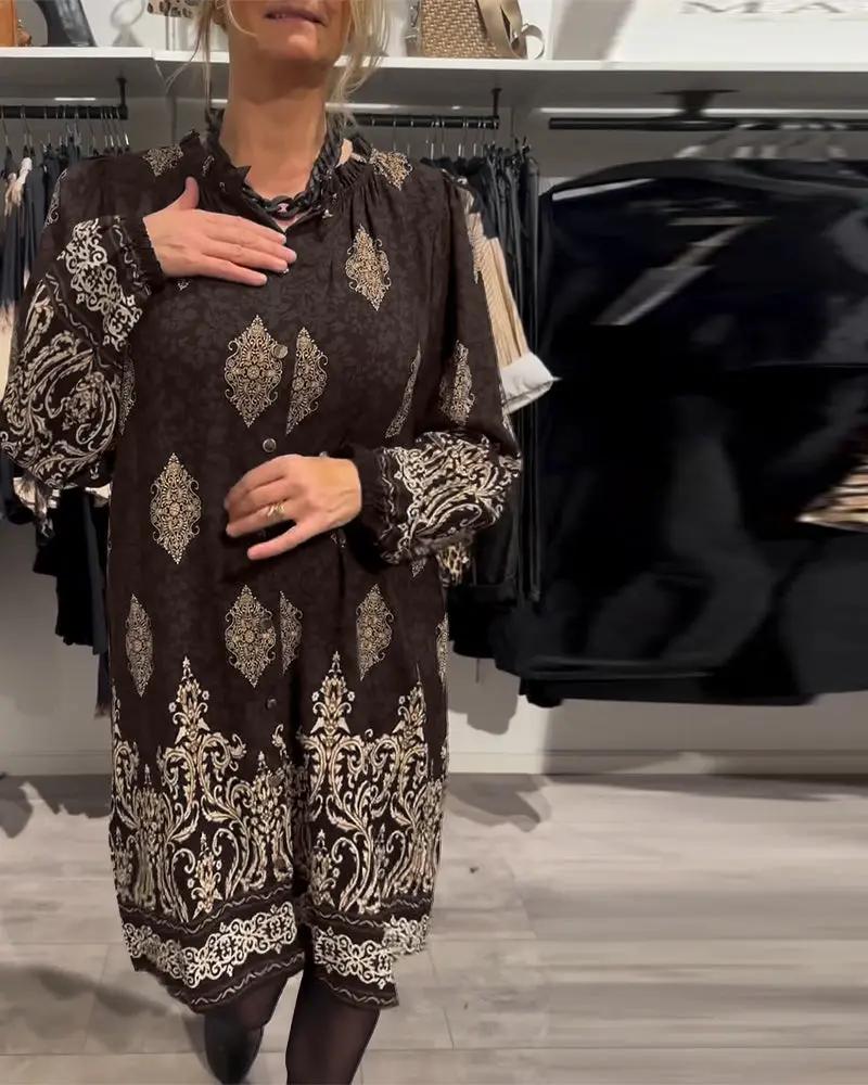 Vintage Print Shirt Dress – Long Lantern Sleeves, Lapel Collar & Button Front TARHUS Dresses