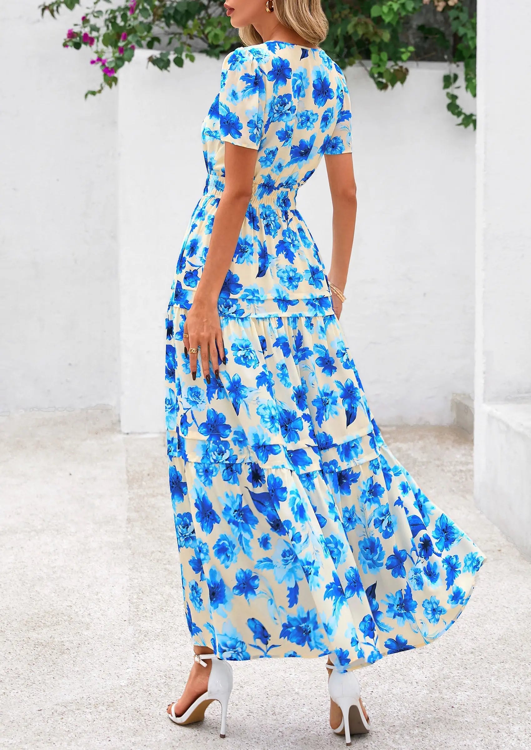 Boho Floral Short Sleeve V Neck A Line Tiered Ruffle Flowy Long Beach Vacation Maxi Dresses - TARHUS