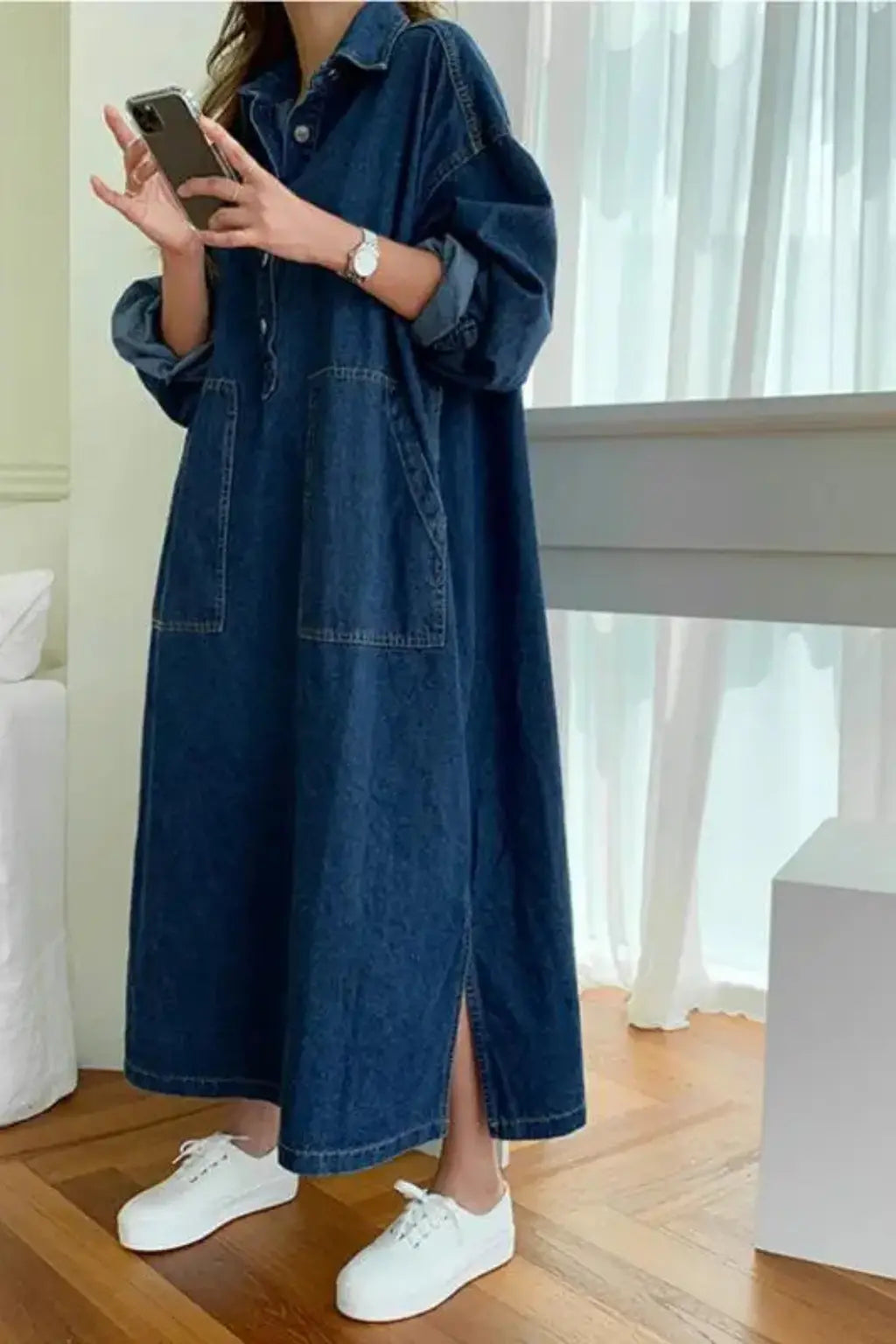 Margot | Women Oversized Long Sleeve Collared Denim Maxi Dress with Pockets TARHUS