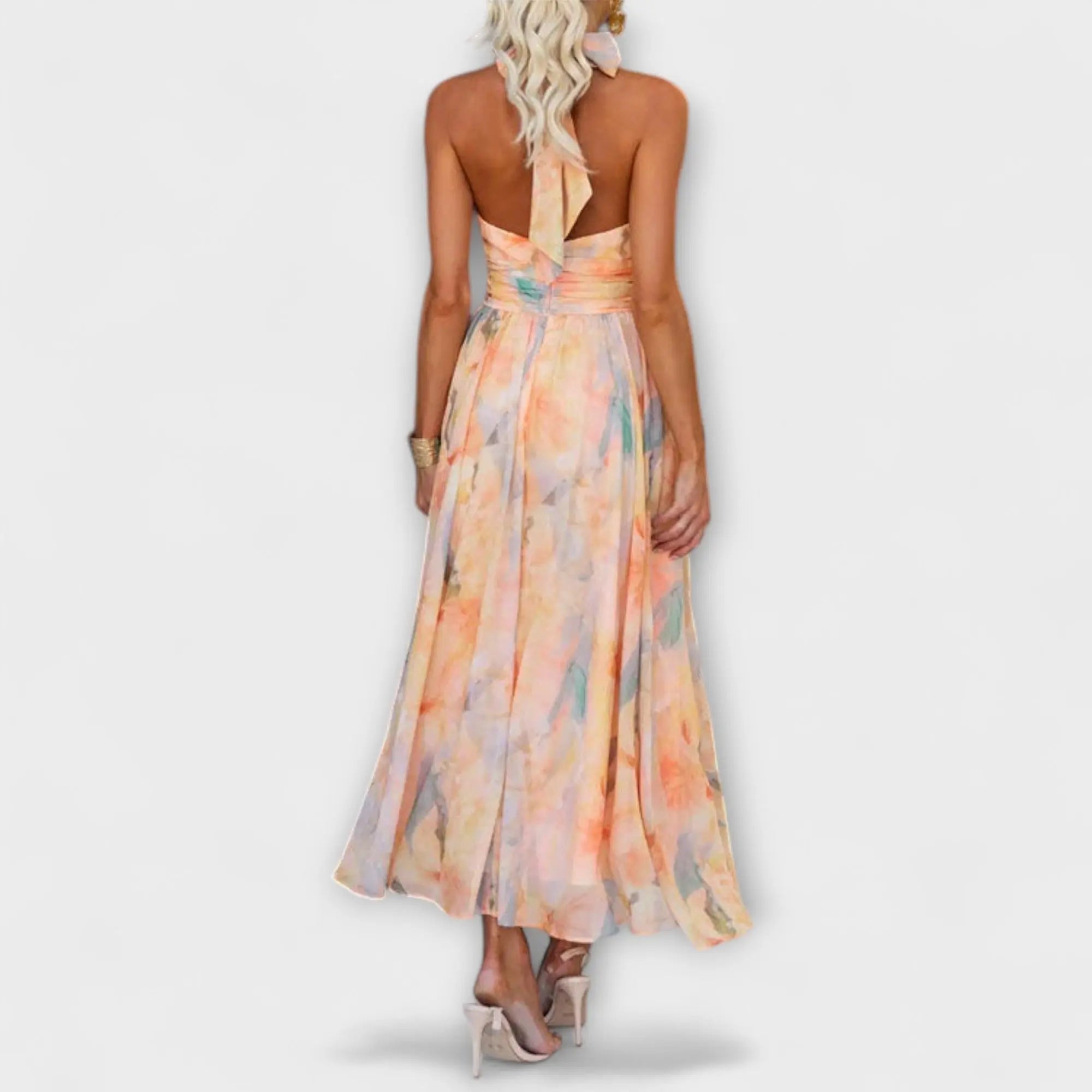 Neck Open Back Waist Watercolour Print Maxi Dress - TARHUS