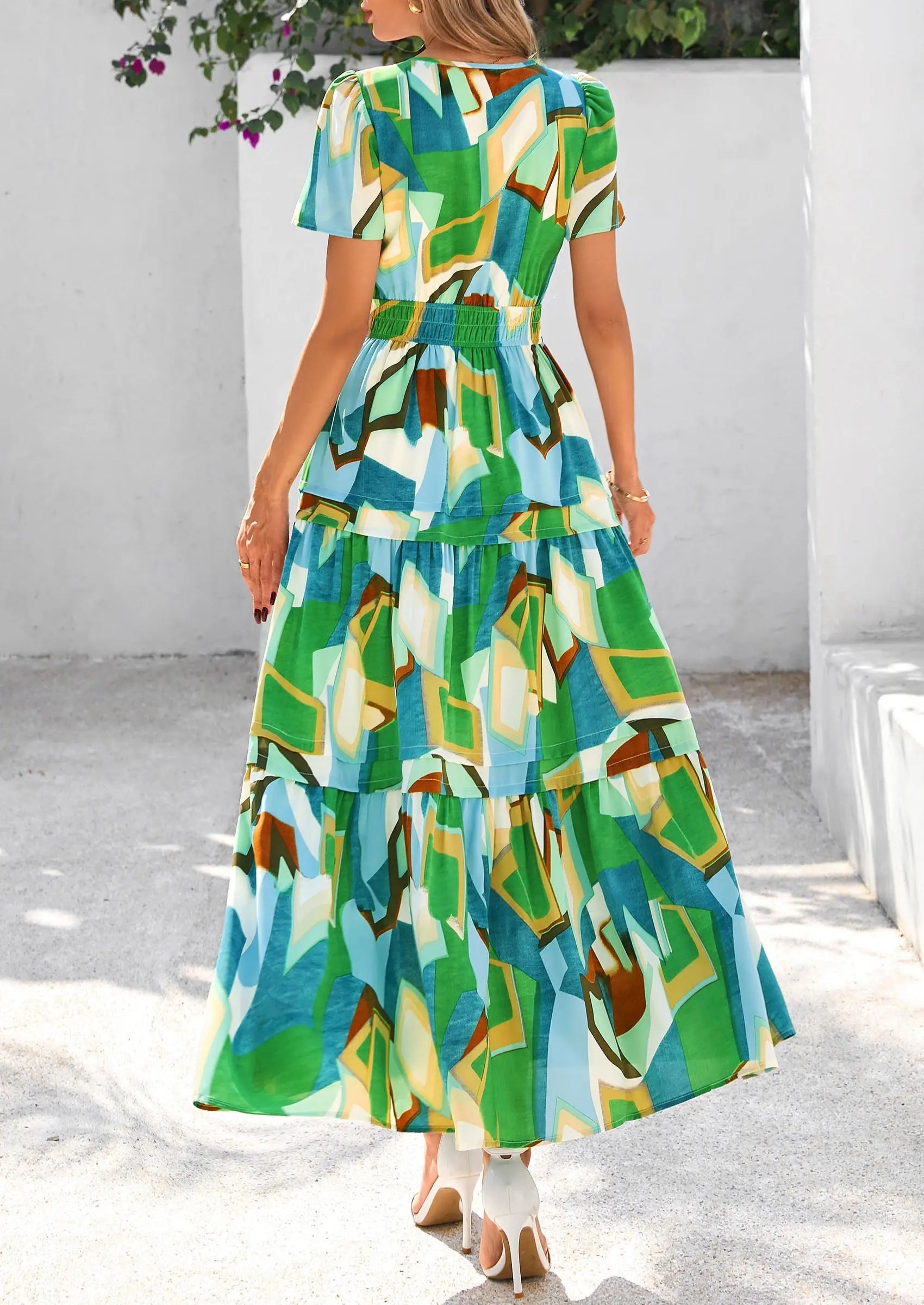 Boho Floral Short Sleeve V Neck A Line Tiered Ruffle Flowy Long Beach Vacation Maxi Dresses - TARHUS