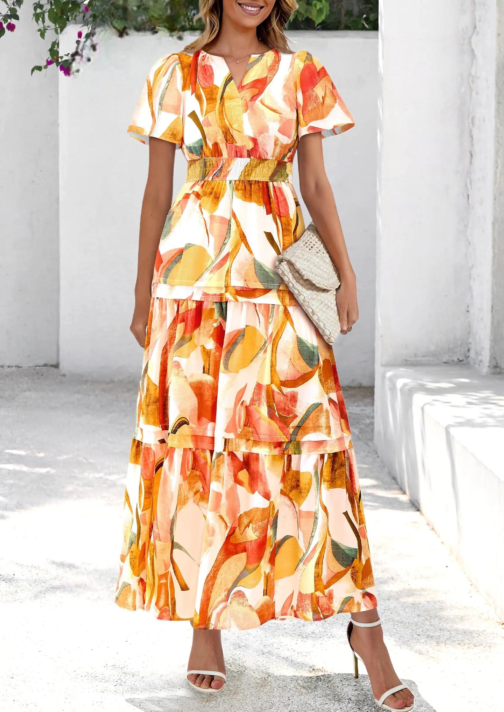 Boho Floral Short Sleeve V Neck A Line Tiered Ruffle Flowy Long Beach Vacation Maxi Dresses - TARHUS