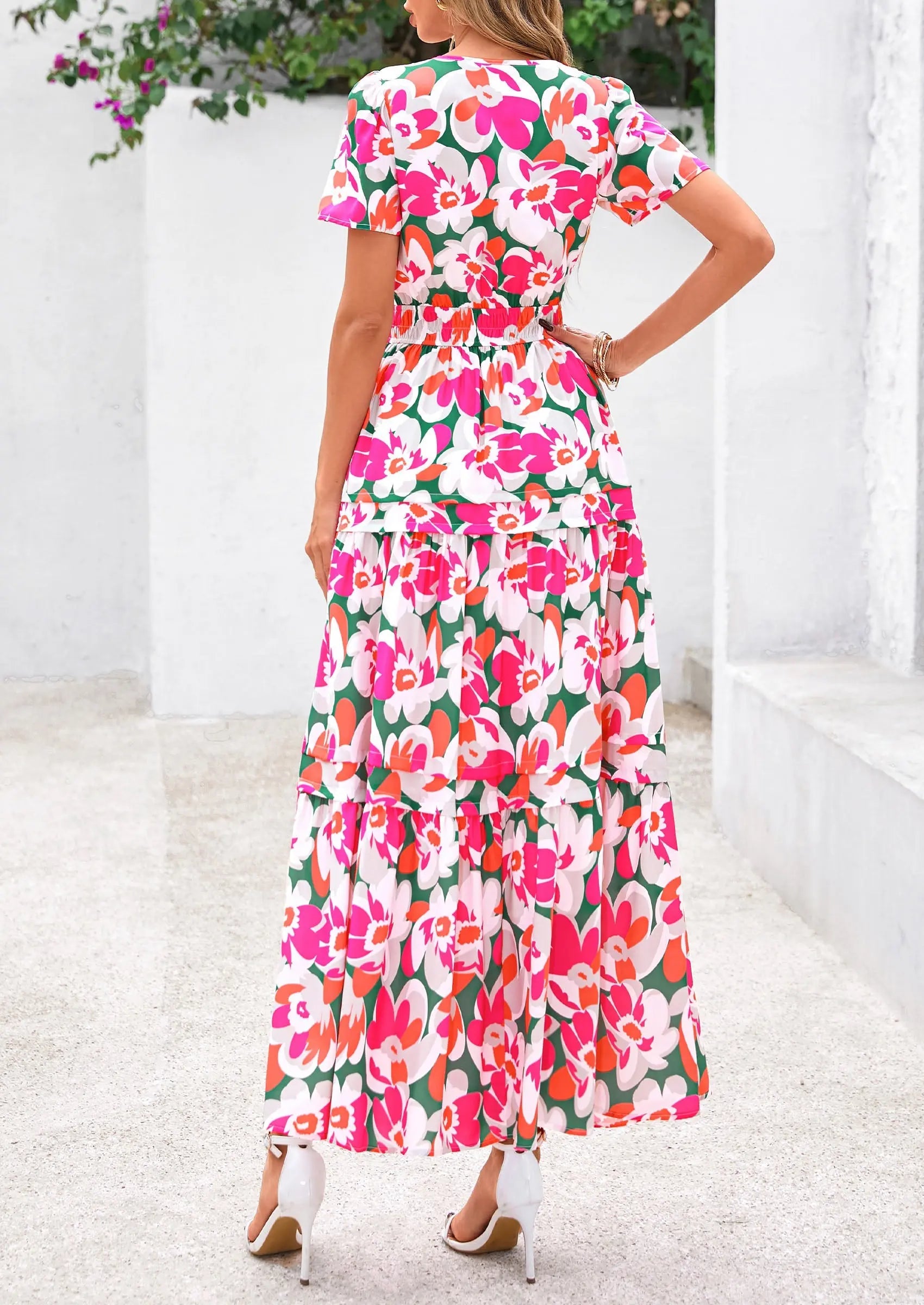 Boho Floral Short Sleeve V Neck A Line Tiered Ruffle Flowy Long Beach Vacation Maxi Dresses - TARHUS