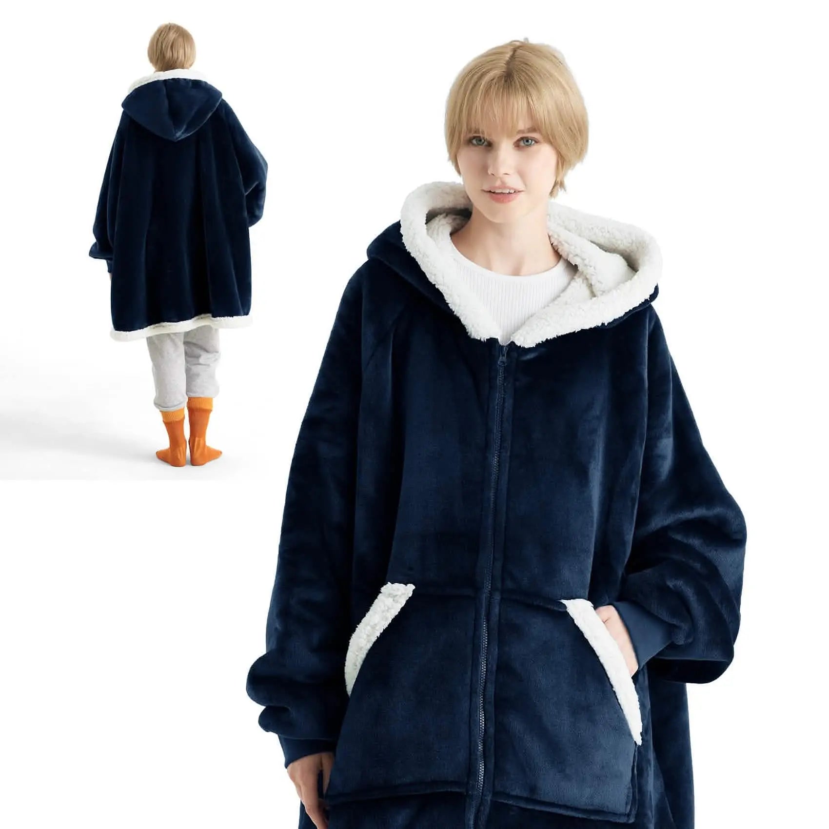 Sherpa Fleece Zippered Short Wearable Blanket Hoodie - TARHUS