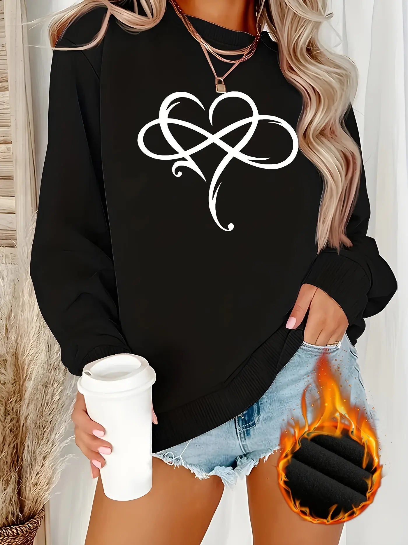 Women’s Fleece-Lined Heart Sweatshirt – Soft Crewneck Pullover for Lounging & All-Season Comfort - TARHUS