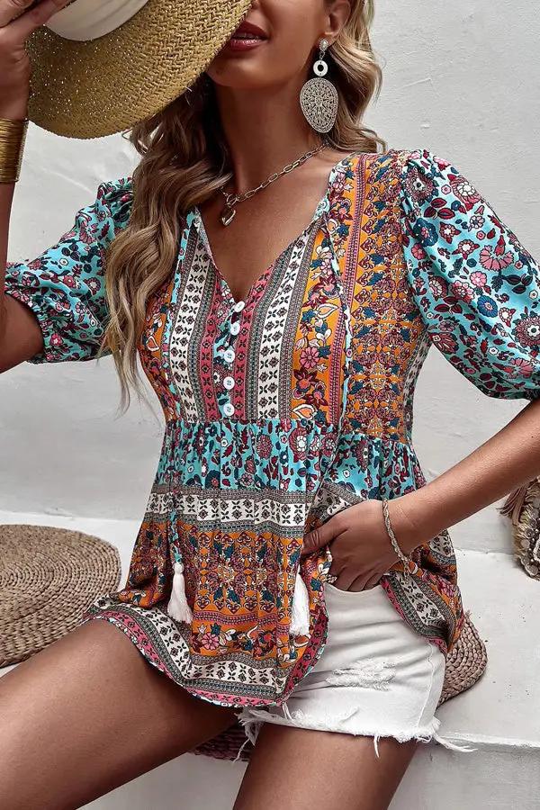 Bohemian Floral Short Sleeve Casual Tops - TARHUS